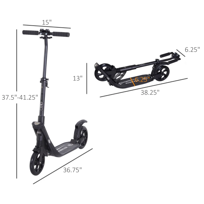 Soozier Foldable Kick Scooter with Adjustable Handlebar, Rear Brake, Dual Shock-Absorbing and Large Solid PU Tires Aluminum Frame for 14 Years Old and Up Teens Adult, Black