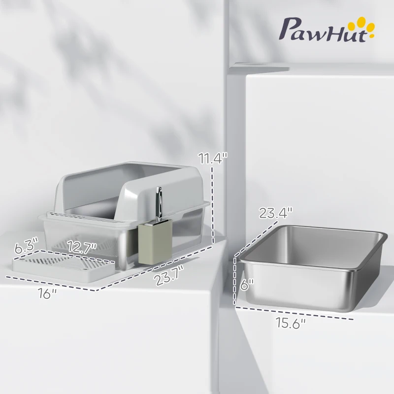 PawHut Stainless Steel Litter Box with Metal Scoop & Scoop Holder, High Sided, Anti-Urine Leakage, Non-Sticky
