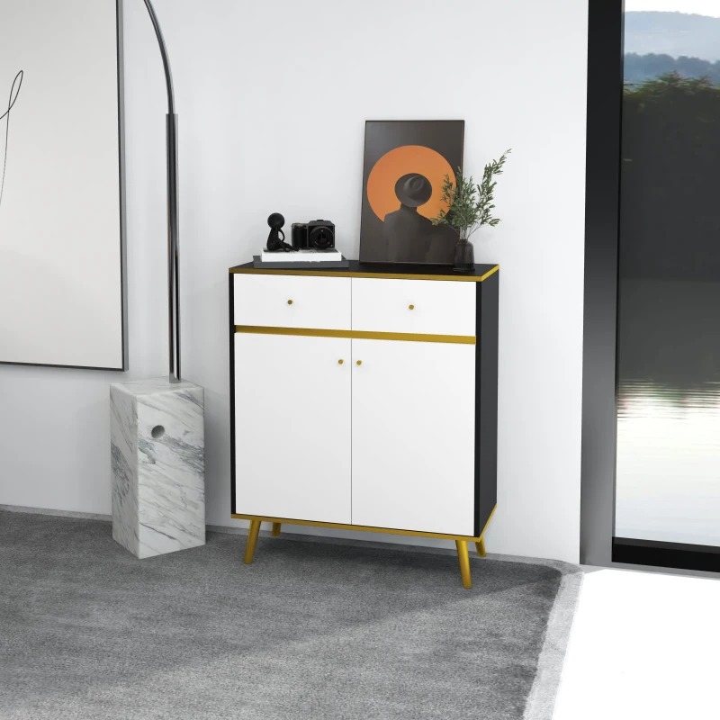 HOMCOM Accent Cabinet, Modern Buffet Sideboard with High Gloss Doors, Drawers and Pine Wood Legs for Living Room, White