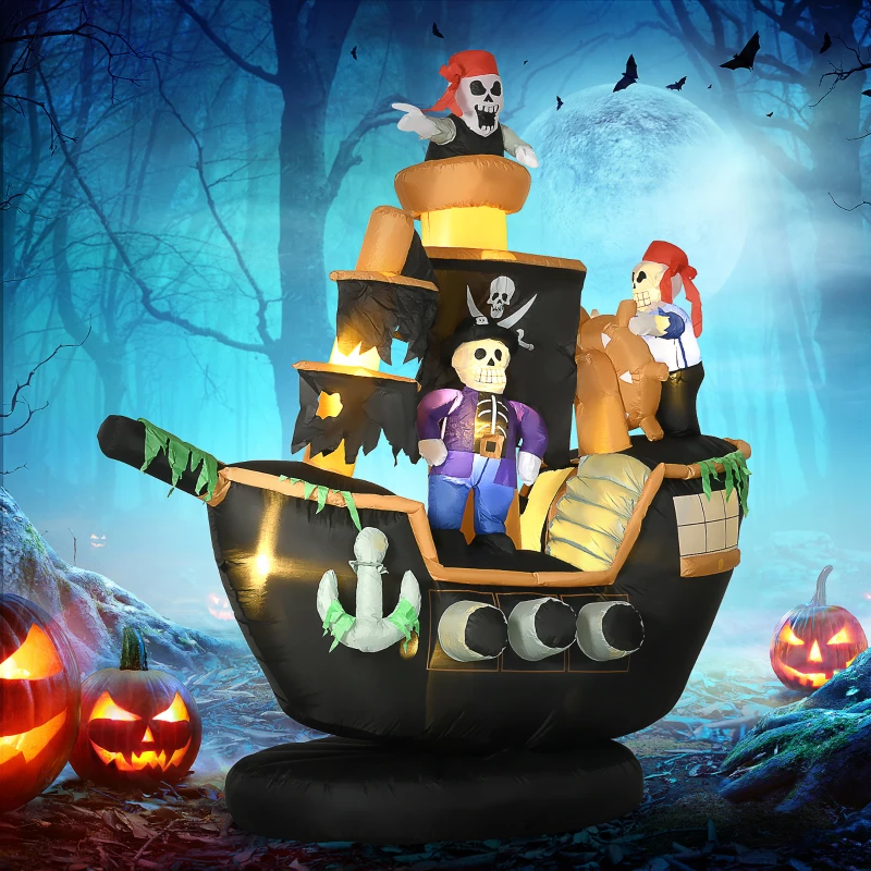 HOMCOM 7ft Halloween Inflatables, Skeleton Pirate Ship, Outdoor Blow Up Yard Decoration with Build-in LED