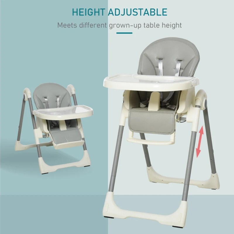 Qaba Foldable High Chair for Babies and Toddlers with Adjustable Backrest/Footrest & Removable Tray, Portable High Chair for Travel with 5-Point Harness, Convertible High Chair, Grey