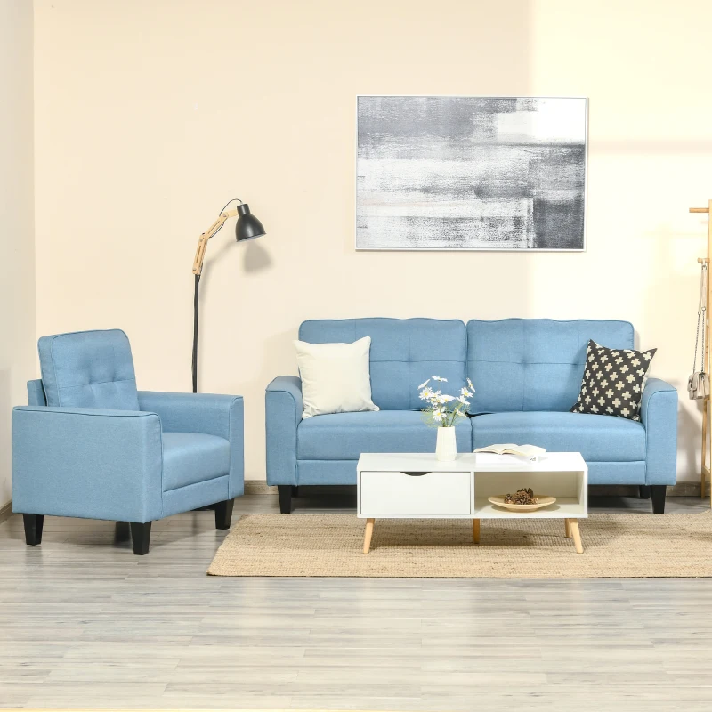 HOMCOM 3-Seater Sofa, Mid-Century Linen Couch with Upholstered Seat, Button-Tufted Back Cushion and Rubber Wood Legs for Living Room, Bedroom, Blue