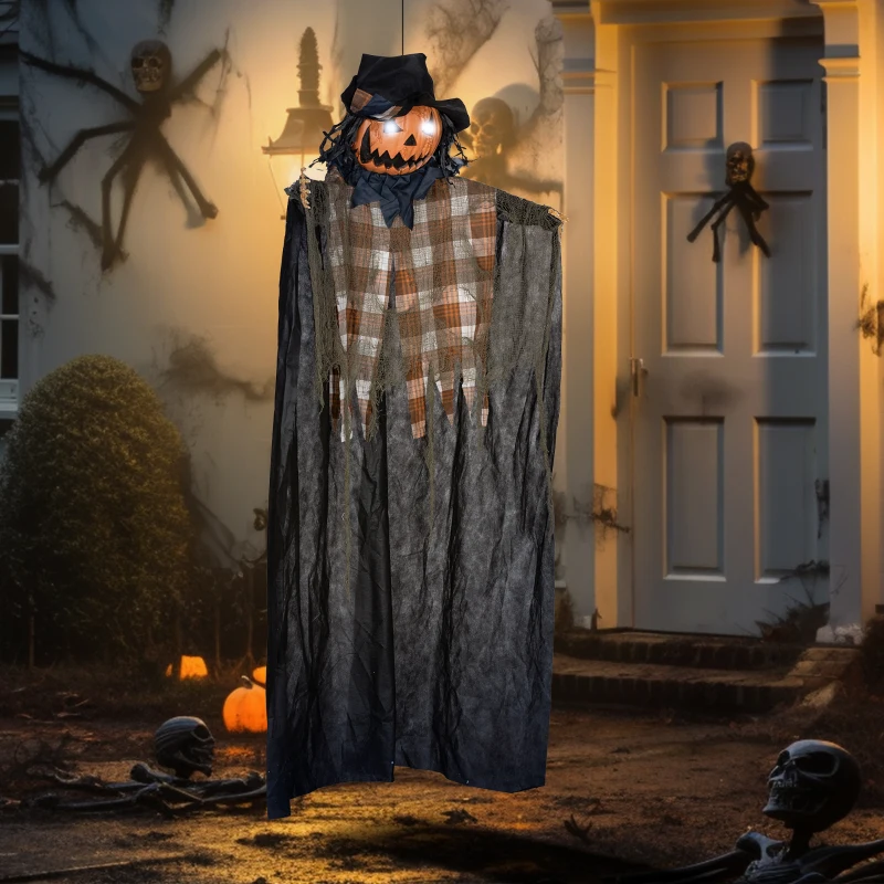 HOMCOM 6' Life Size Outdoor Halloween Hanging Pumpkin Ghost w/ Light Up Eyes, Sound Activated Prop w/ Creepy Speaking Sounds