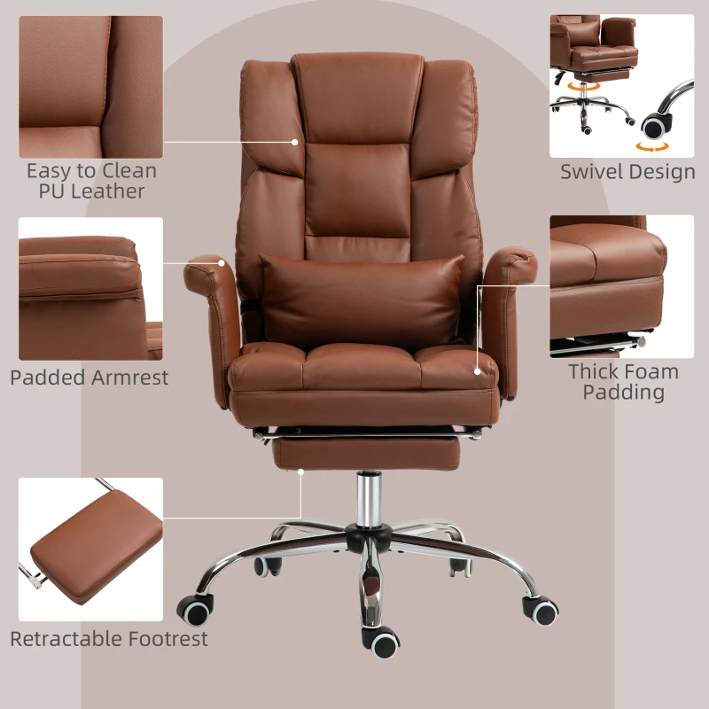 HOMCOM Executive Office Chair with Footrest and Lumbar Support, PU Leather Desk Chair, Ergonomic, Reclining and Swivel, Brown