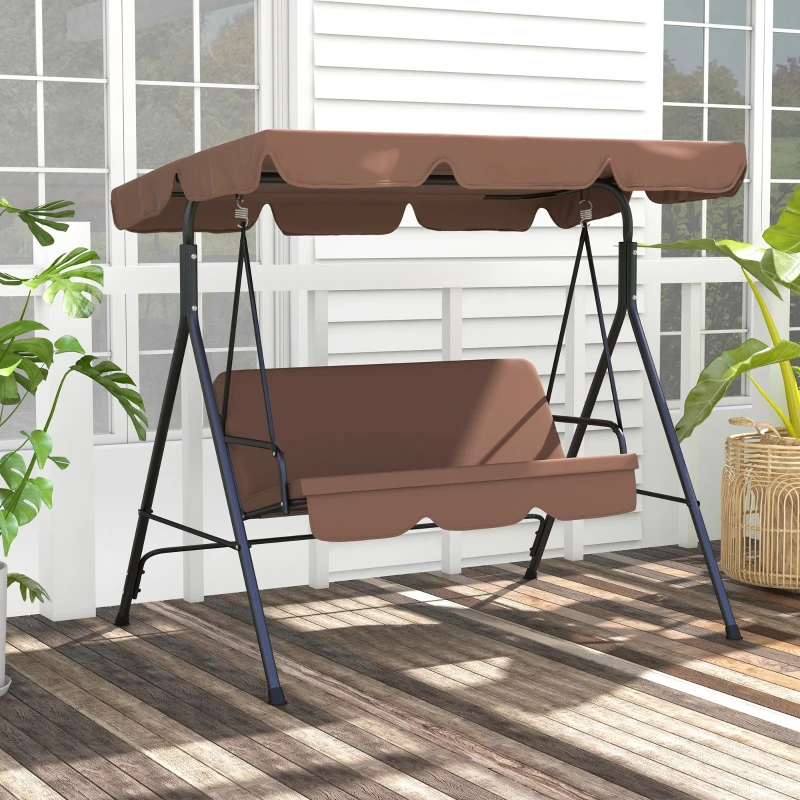 Outsunny Large Family Swing Set, 3-Seat Adjustable Canopy Swing Bench with Cushion, Steel Frame Stand for Patio, Garden, Family Use, Brown