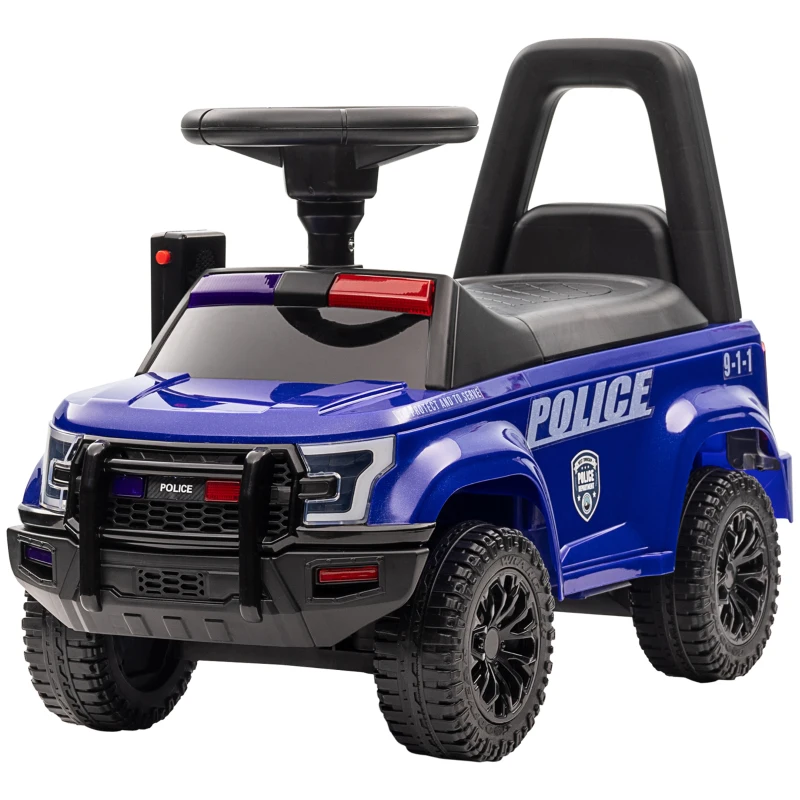 Aosom Kids Ride On Sliding Car with Hidden Under Seat Storage, Ride On Police Car for Toddler with Megaphone, Anti Dumping Device, Removable Backrest, Foot-to-Floor Design, Blue