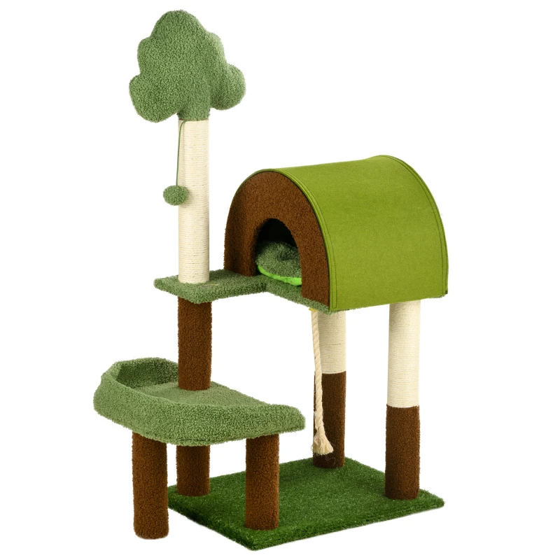 PawHut 42" Cat Tree with Scratching Posts, Cat Tower for Indoor Cats with Bed, House, Toy, Forest Themed, Green