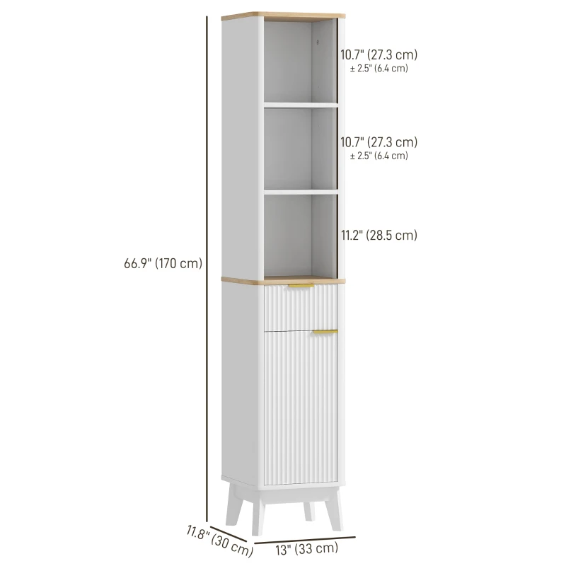 HOMCOM 67" Tall Bathroom Cabinet, Narrow Bathroom Storage Cabinet with 3 Open Shelves, Drawer and 2 Adjustable Shelves, White