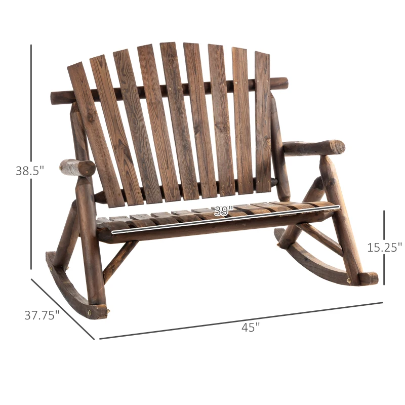 Outsunny Outdoor Wooden Rocking Chair, Double-Person Adirondack Rocking Patio Chair with Rustic High Back, Slatted Seat and Backrest for Indoor, Backyard, Garden, Carbonized