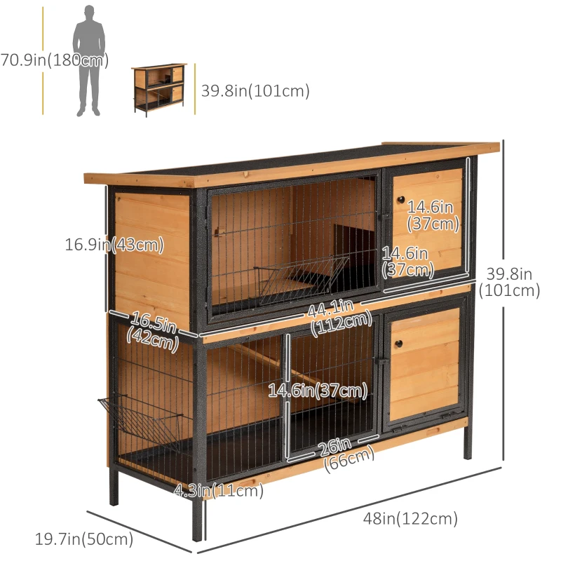 PawHut 48" 2-Floor Large Rabbit Hutch Wooden Pet House Metal Frame Bunny Cage Small Animal Habitat with Ramp Feeding Trough Lockable Doors Run Area Asphalt Roof for Outdoor Use