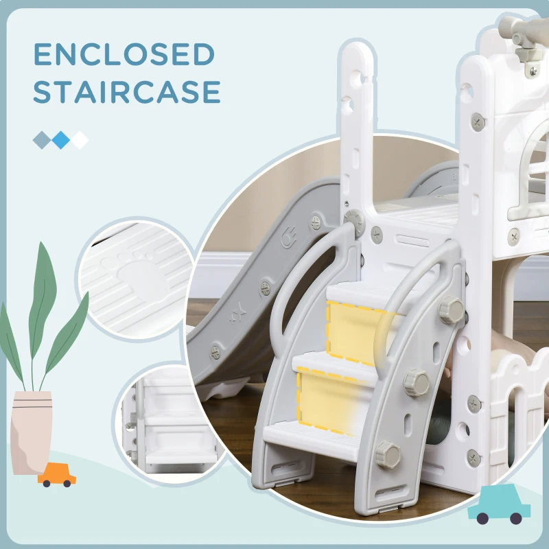 Qaba 5 in 1 Toddler Slide with Basketball Hoop, Climber, Telescope, Storage Basket, for 1-3 Years Kids Indoor Use, Grey