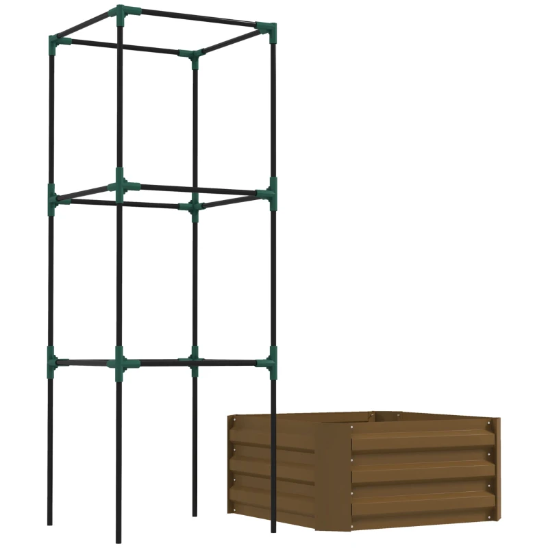 Outsunny Galvanized Planter Box, 24" x 24" x 55" Raised Garden Bed with Tomato Cage for Climbing Vines, Brown