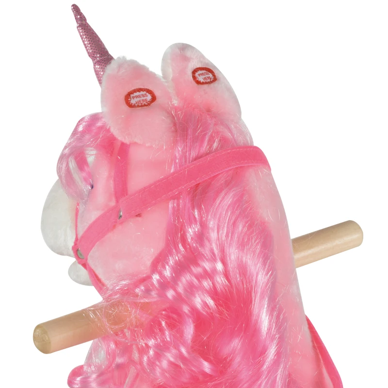 Qaba Kids Rocking Horse, Ride on Unicorn with Wooden Base, Tail Wag & Sounds for Toddlers 3-6 Years Old, Pink