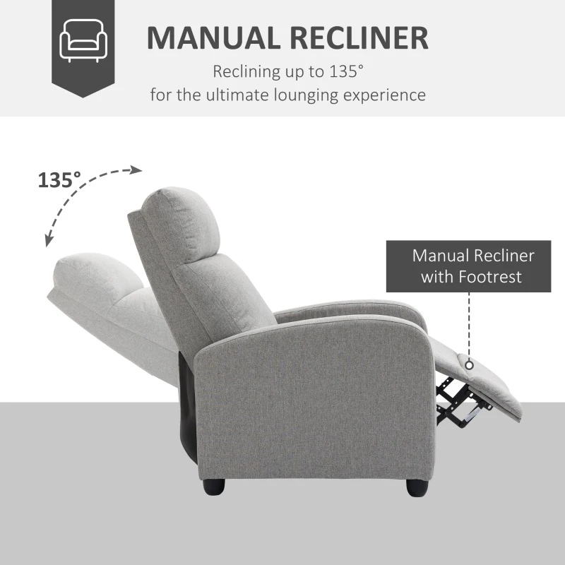 HOMCOM Fabric Recliner Manual Home Theater Seating Single Linen-Touch Sofa Armchair for Living Room, Light Grey