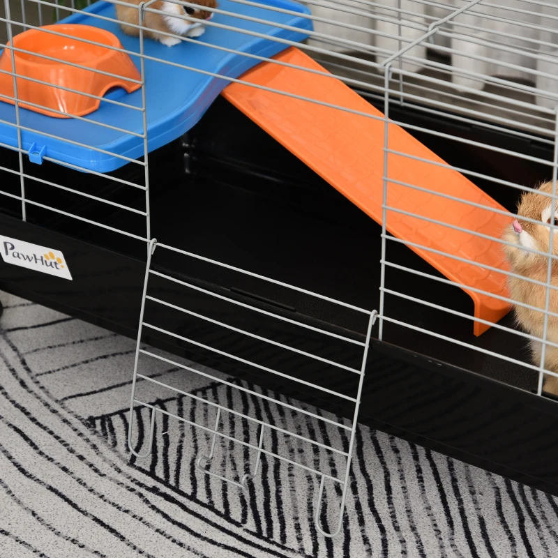 PawHut Small Animal Cage, Rolling Bunny Cage, Guinea Pig Cage with Food Dish, Water Bottle, Hay Feeder, Platform, Ramp, Black