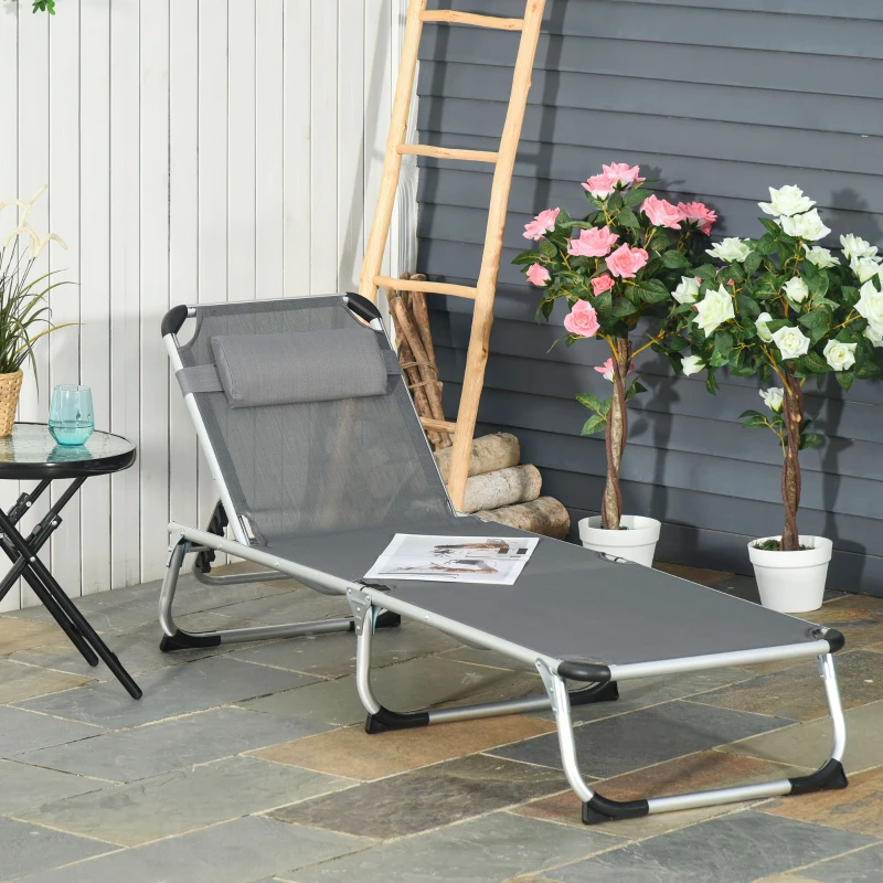 Outsunny Folding Lounge Chair, Patio Lounger with Headrest, 5-Level Adjustable Backrest, and Aluminum Frame, Grey