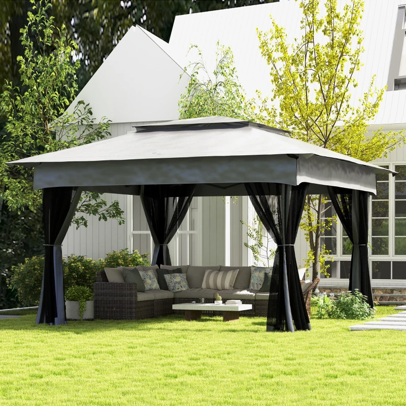 Outsunny 11x11 Canopy Gazebo, Portable Outdoor Patio Shelter with Zipper Mesh Privacy Netting, Carry Bag Included, for Family Use, Light Gray