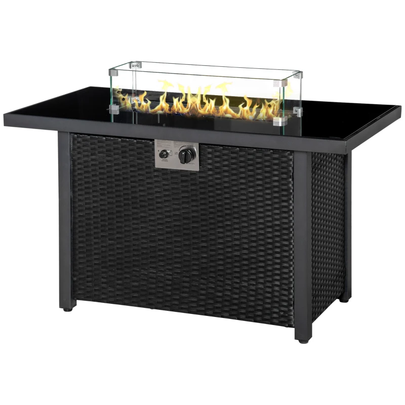 Outsunny Propane Fire Pit Table 43in Outdoor Fire Table, 50,000 BTU Pulse-Ignition Wicker Firepit Furniture with Glass Wind Guard, Blue Glass Rock, CSA Certification, Black