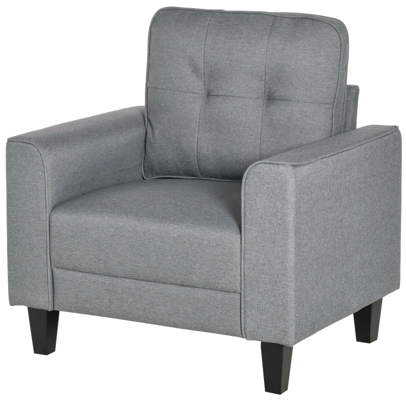 HOMCOM Button Tufted Armchair Modern Single Sofa Chair Upholstered Accent Chair with Rubber Wood Legs and Thick Padding Mid-Back for Living Room and Bedroom, Grey