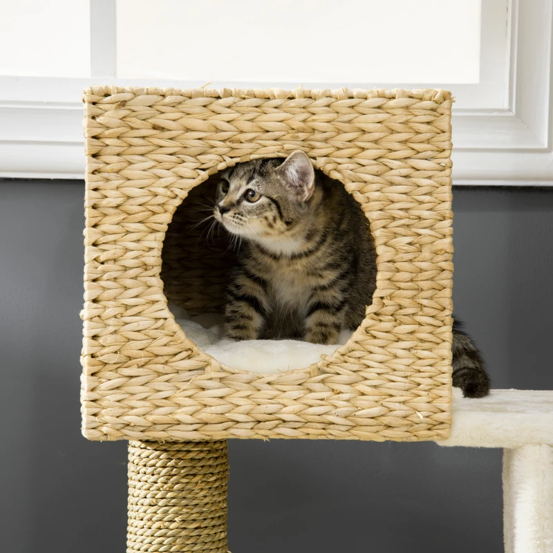 PawHut Cattail Weave Cat Tree for Indoor Cats Kitty Tower with Rattan Cat Condo, Wicker Bed, Ladder, Washable Cushions, 22.5" x 14.5" x 39.5", Natural