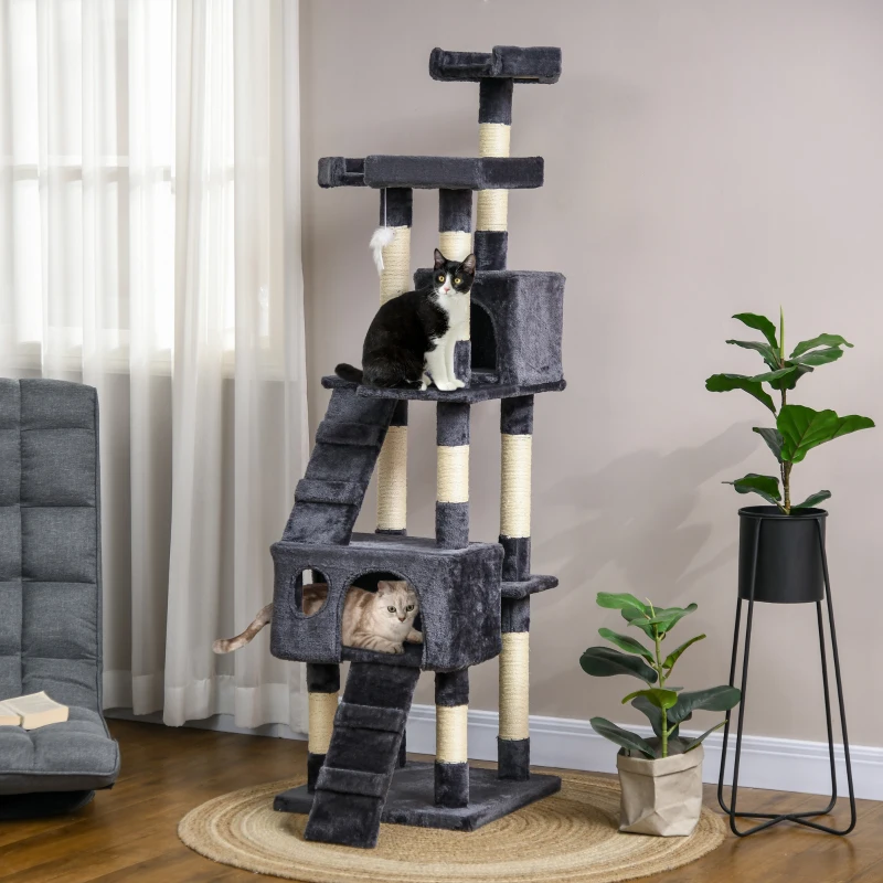 PawHut 68-inch Multi-Level Cat Scratching Tree Kitty Activity Center Post Tower Condo Pet Furniture w/ Toy Charcoal Grey