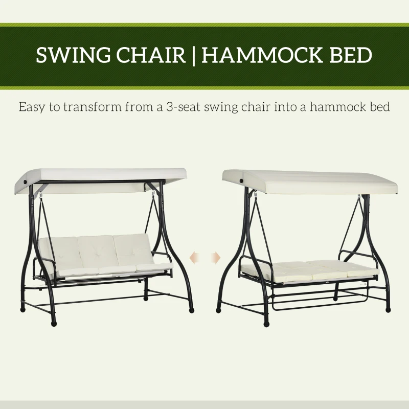Outsunny Convertible Patio Swing Bed with Canopy and Cushions, 3 Seater Porch Swing for Outdoor, Backyard, Garden, Cream White