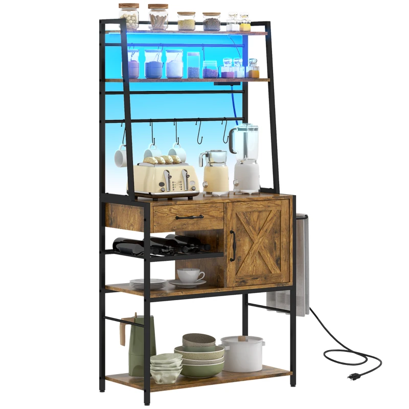 HOMCOM Industrial Kitchen Shelves with Charging Station and LED Lights, Kitchen Storage Rack with Barn Door, Rustic Brown