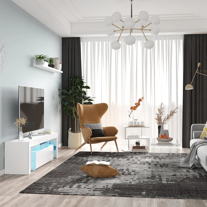 HOMCOM High Gloss TV Stand Cabinet with Remote Controlled LED Lights, Media TV Console Table with Storage Compartment for TVs up to 65", White