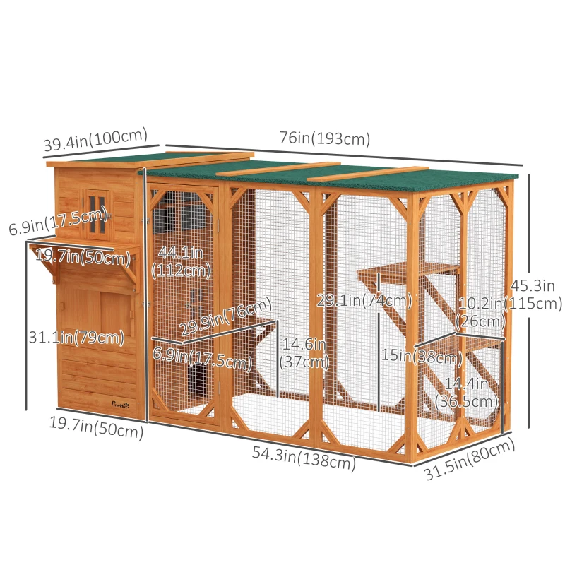 PawHut Wooden Cat Catio, 76"L Walk in Outdoor Cat House with Asphalt Roof, Platforms, Lockable Doors for 2-3 Cats, Orange