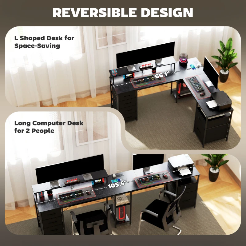 HOMCOM 66" Reversible L Shaped Computer Desk, Corner Desk with File Drawer, Power Outlets and LED Lights, Distressed Black
