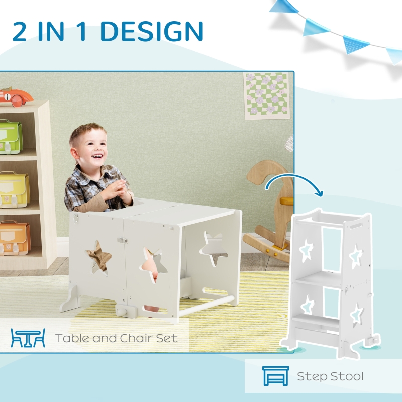 Qaba 2 in 1 Toddler Tower with Safety Rail for Bathroom, Sink, Kitchen or Counter, White