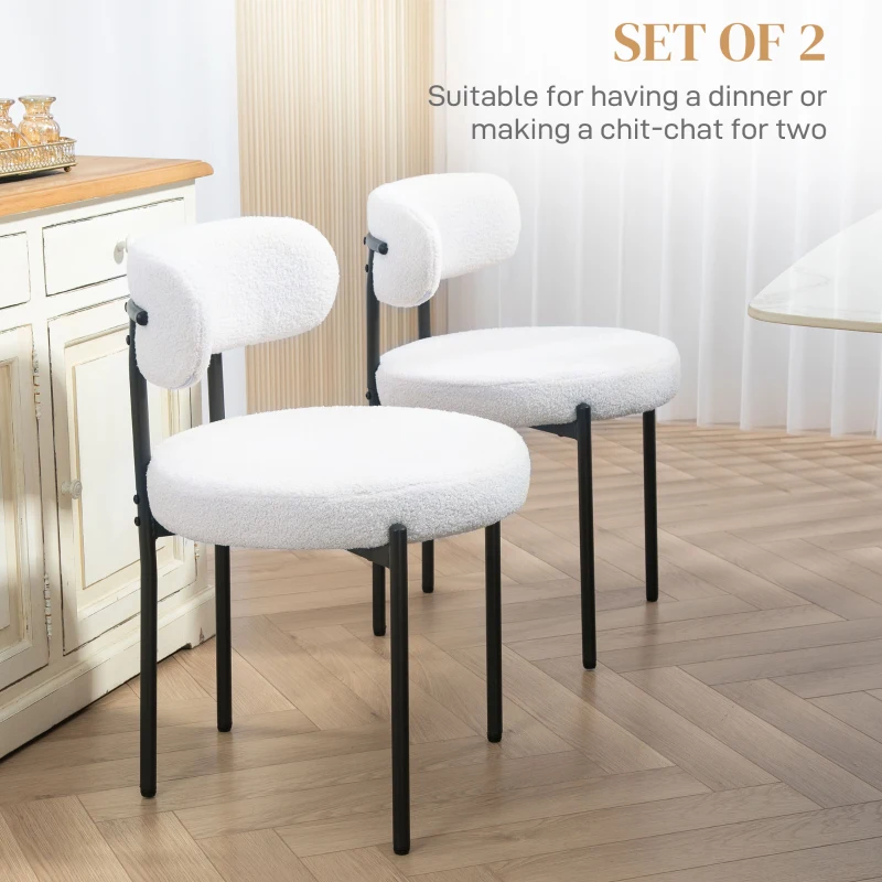 HOMCOM 2 Pieces Kitchen Chairs, Modern Dining Chairs w/ Berber Fleece Upholstery and Steel Legs for Living Room, Cream White