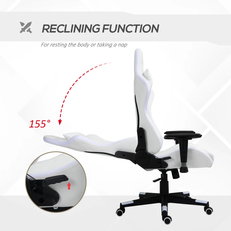 Vinsetto High Back Gaming Chair with RGB LED Lights, Adjustable Arms, and Lumbar Support, Racing Office Computer Chair with Head Pillow, White / Black
