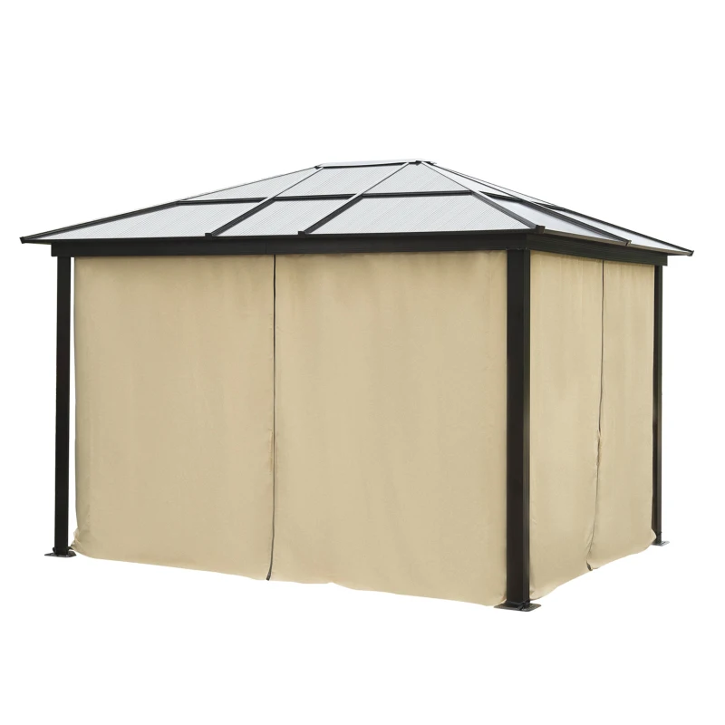 Outsunny 10' x 12' Hardtop Gazebo Canopy with Polycarbonate Roof, Aluminum Frame, Permanent Pavilion Outdoor Gazebo with Netting, for Patio, Garden, Backyard, Deck, Lawn, Black, Beige