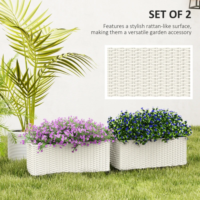 Outsunny 2 Pack 20 Inch Railing Flower Pots, Hanging Flower Pots with Hooks, Drainage Holes for Fence, Rattan Look, White