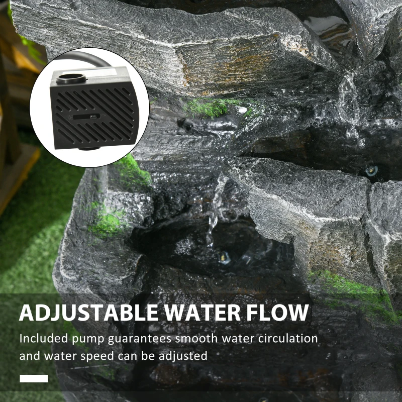 Outsunny 4-Tiered Rock Outdoor Water Fountain with LED Lights, Adjustable Flow, 22.4-inch Resin Waterfall Fountain