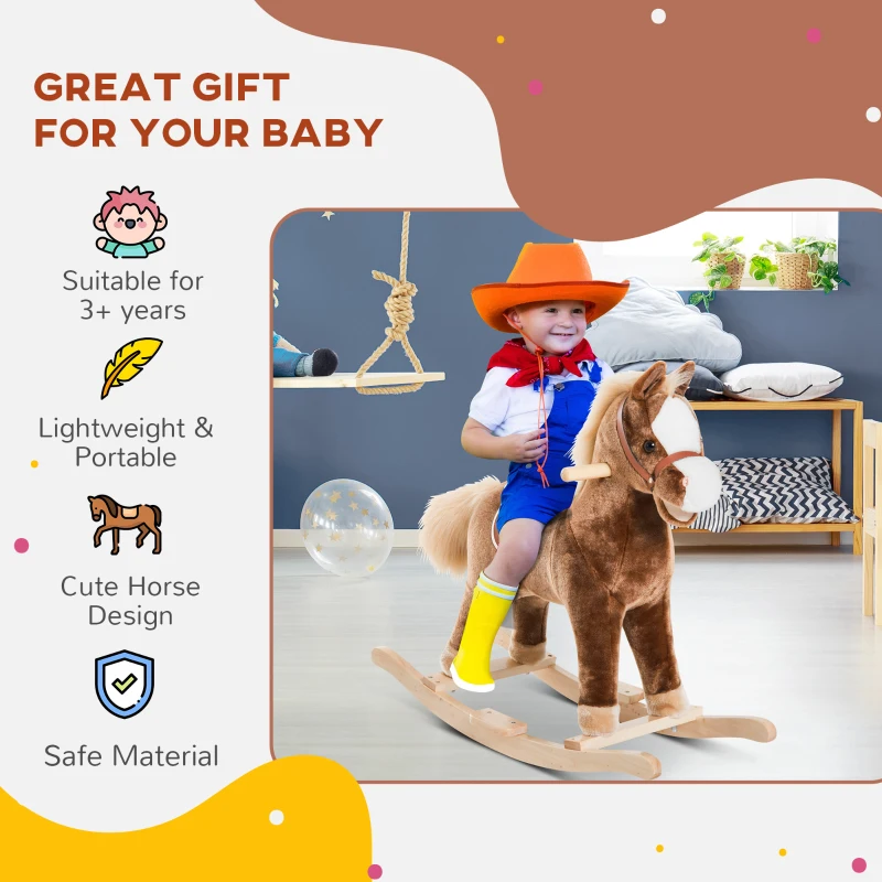 Qaba Kids Rocking Horse Plush Toddler Rocker Wooden Base Ride On Toy