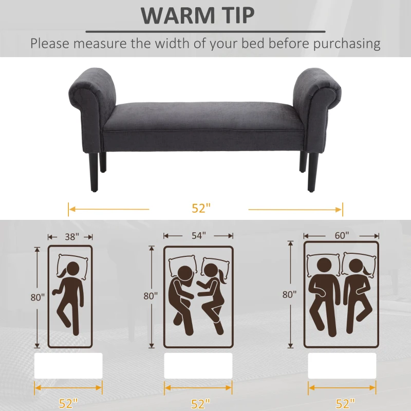 HOMCOM 52" End of Bed Bench, Linen Upholstered Ottoman Bench, Bedroom Entryway Bench With Armrests, Dark Gray