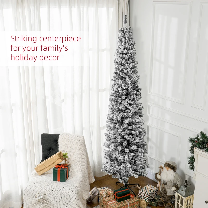 HOMCOM 7.5ft Flocked Christmas Tree, Pencil Christmas Tree with Realistic Branch Tips, Folding Metal Stand, Black