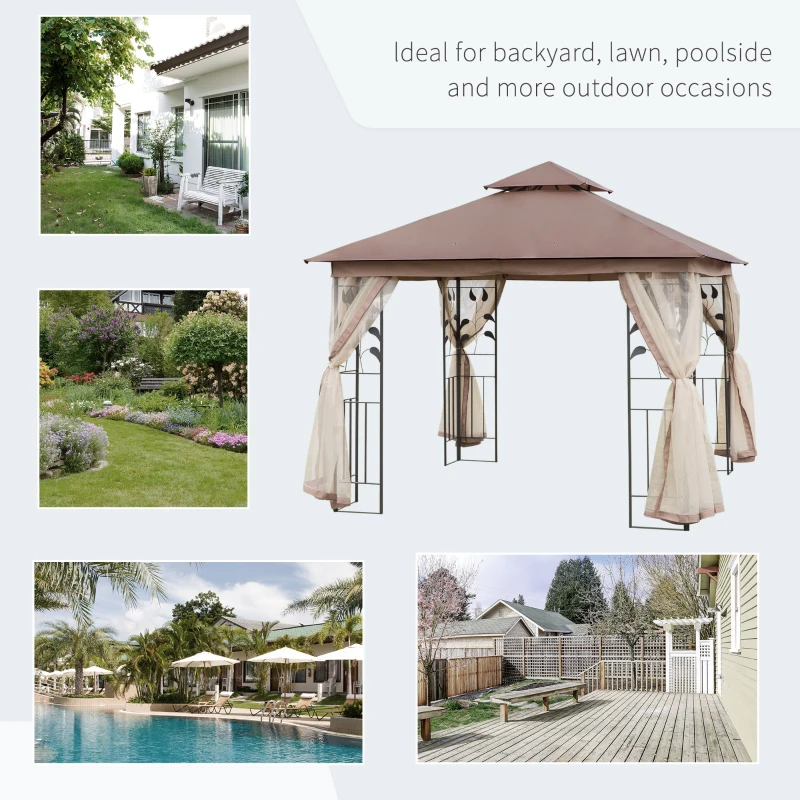 Outsunny 10'x10' Soft-top Steel Patio Gazebo Outdoor Sun Shelter with 2-Tier Polyester Roof, Curtain Sidewalls, Brown