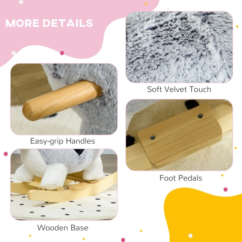 Qaba Baby Rocking Horse, Plush Animal Rocker for Toddlers Aged 18-36 Months, Stuffed Ride Toy with Sounds, Seat Belt, Grey