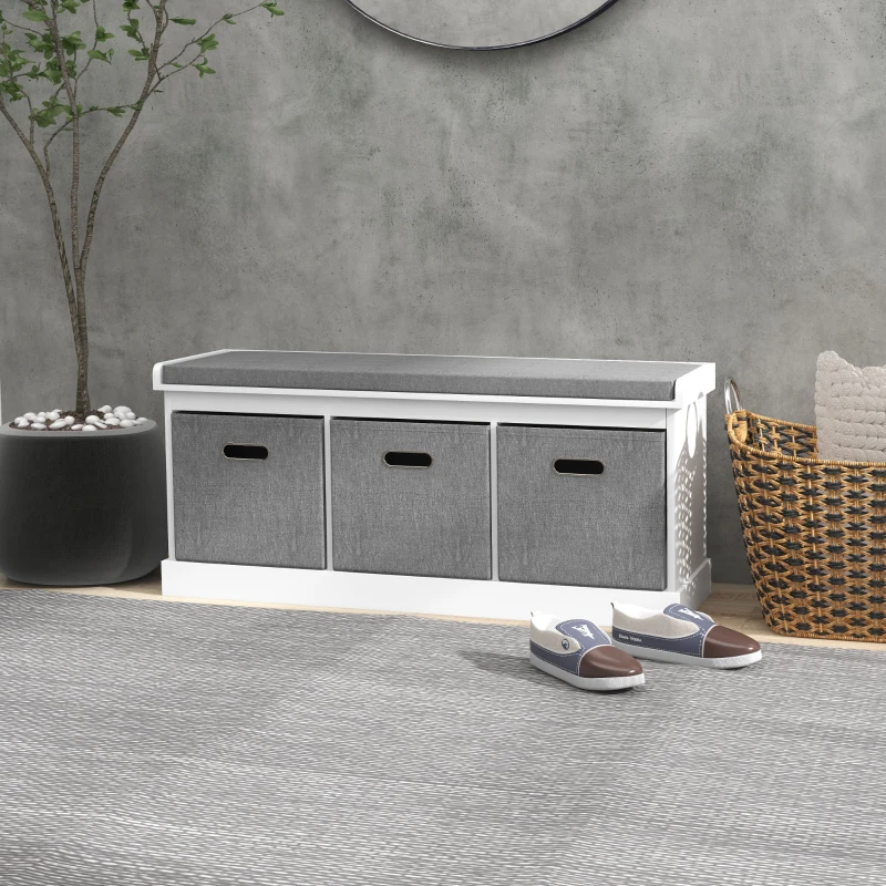 HOMCOM Shoe Storage Bench with Seat, Entryway Bench Seat with Cushion, 3 Fabric Drawers for Hallway, White