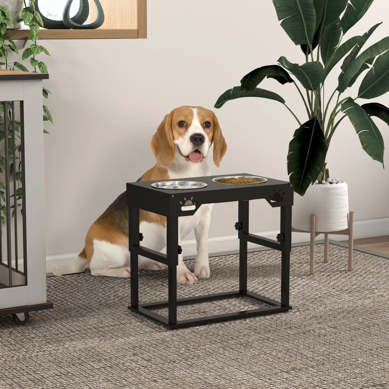 PawHut Dog Food Bowls, 7 Adjustable Height Elevated Dog Bowls w/ Stainless Steel, Black