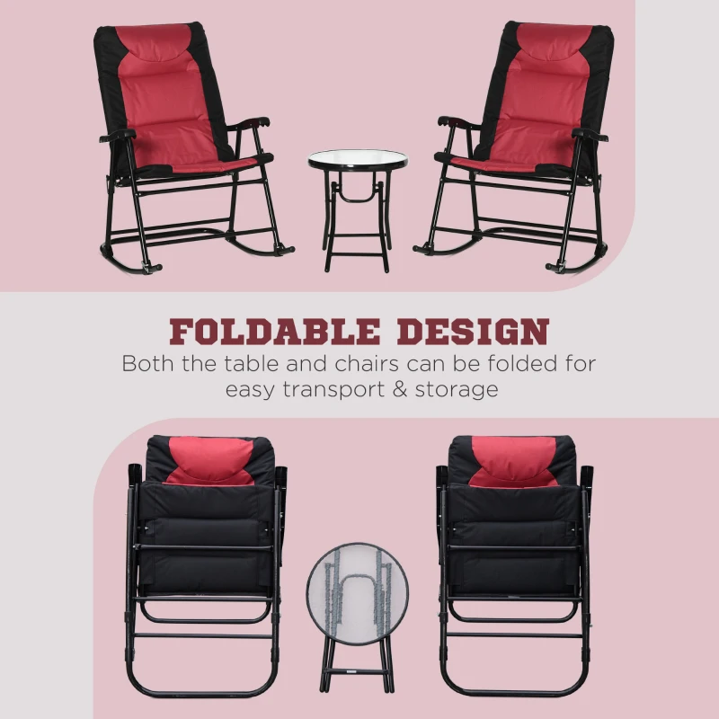 Outsunny 3pc Patio Foldable Rocking Chair Set, Outdoor Rocking Chairs and Table Bistro Set w/ Padded Seat, Headrest, Backrest for park, backyard, garden, Red