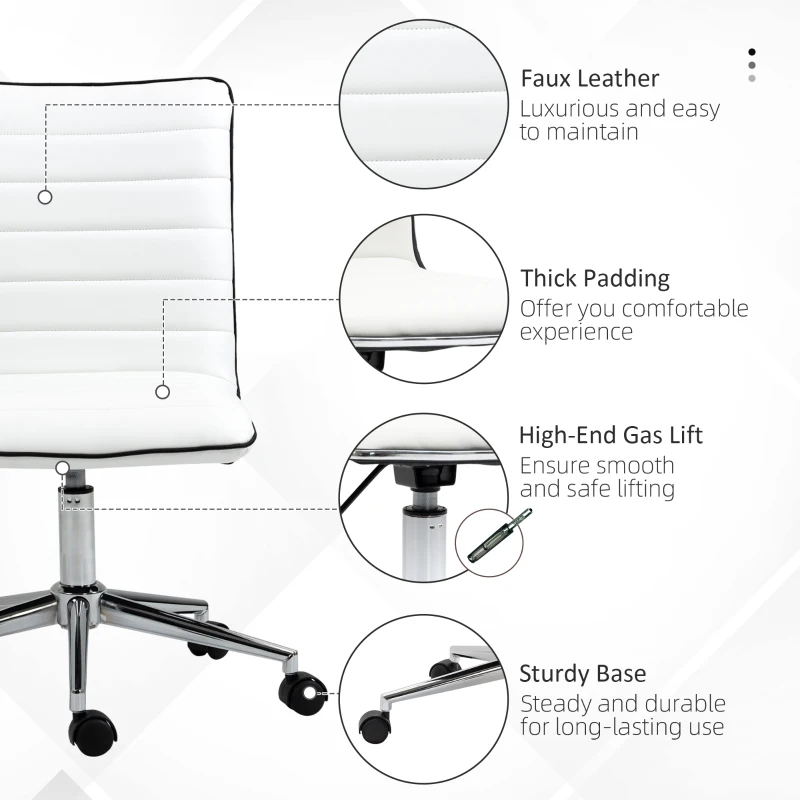 Vinsetto Mid-Back Armless Office Chair Task Chair with PU Leather, Adjustable Height and Swivel Seat Ribbed, White