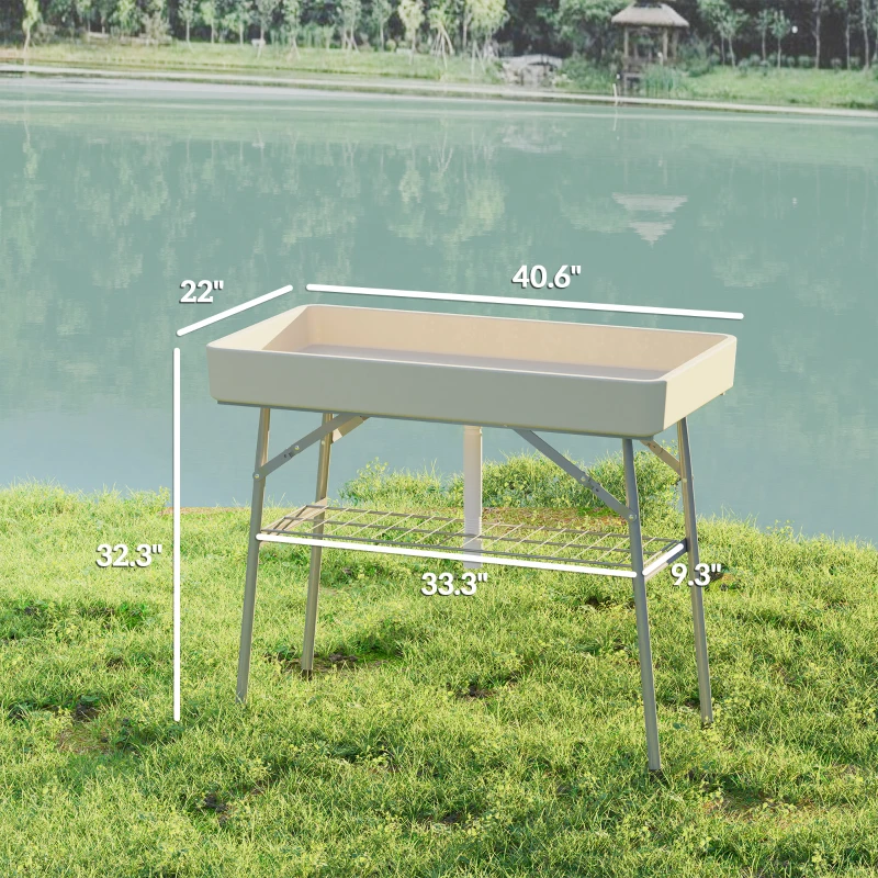 Outsunny 3.4ft Folding Ice Cooler Table with Drain, Fill and Chill Table Outdoor Table Cooler with Storage Shelf, Drink Cooler for Parties Picnic BBQ Camping Wedding, Tan