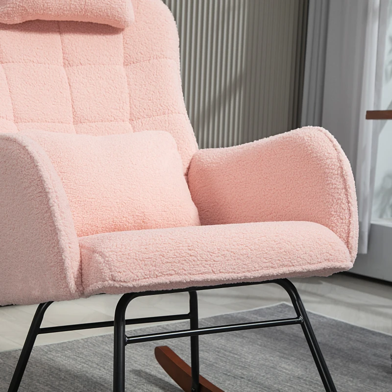 HOMCOM Nursery Rocking Chair with Headrest, Lumber Pillow, Nursing Chair with High Back for Living Room, Bedroom, Pink