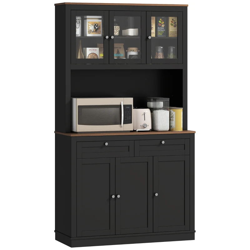 HOMCOM 71" Kitchen Pantry Cabinet with Microwave Stand, Kitchen Hutch with 2 Drawers and Adjustable Shelves, Black