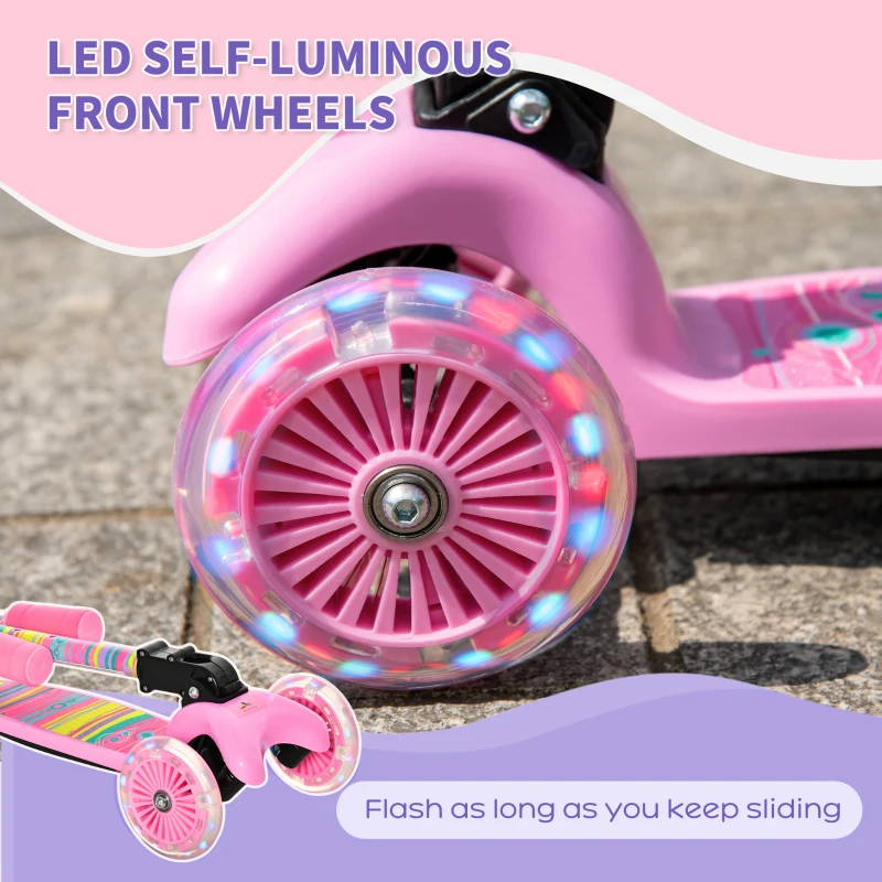 Aosom Kick Scooter for Kids, Foldable Children's Scooter with 3 Wheels, Adjustable Height, and Flashing LED for Boys and Girls, Pink
