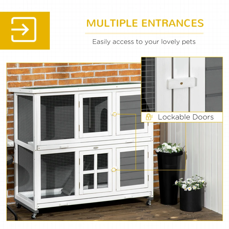 PawHut 2 Tier Wooden Rabbit Hutch with Wheels, Waterproof Roof, Removable Tray for Outdoor & Indoor, Dark Grey